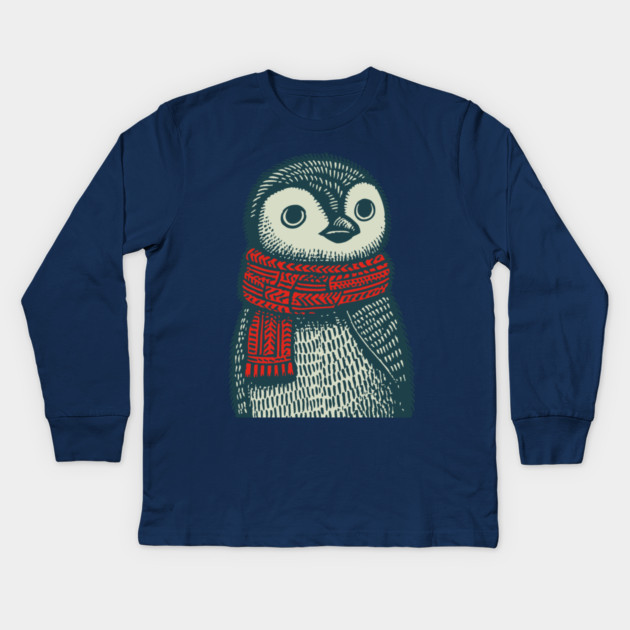 Cozy Emperor Penguin Chick | Illustrative Winter Bird Kids Long Sleeve T-Shirt by TuncGK