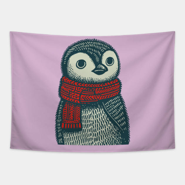 Cozy Emperor Penguin Chick | Illustrative Winter Bird Tapestry by TuncGK