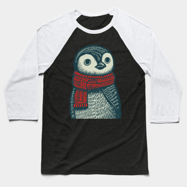 Cozy Emperor Penguin Chick | Illustrative Winter Bird Baseball T-Shirt by TuncGK