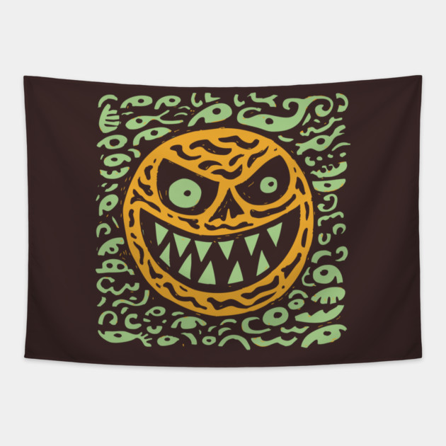 Creepy Grinning Orb | Psychedelic Monster Face Tapestry by TuncGK