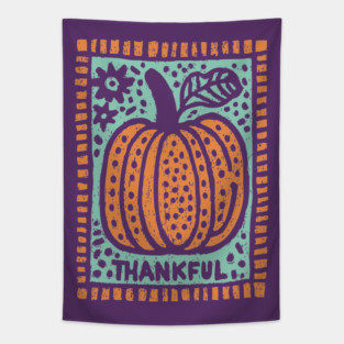 Thankful Autumn Pumpkin | Harvest Festival Folk Art Tapestry