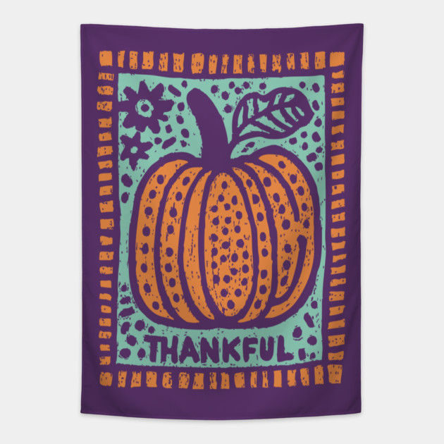 Thankful Autumn Pumpkin | Harvest Festival Folk Art Tapestry by TuncGK
