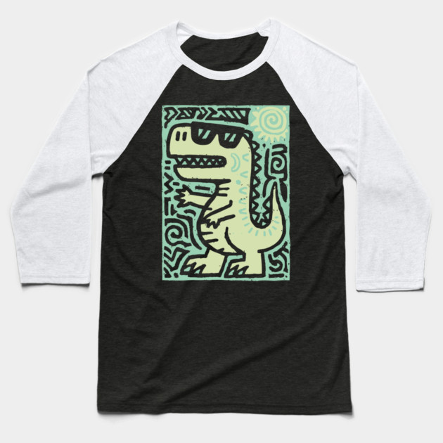 Whimsical T-Rex Doodle | Friendly Dinosaur Graphic Baseball T-Shirt by TuncGK