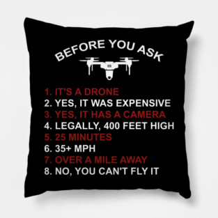 BEFORE YOU ASK 1. IT'S A DRONE 2. YES, IT WAS EXPENSIVE 3. YES, IT HAS A CAMERA 4. LEGALLY, 400 FEET HIGH 5. 25 MINUTES 6. 35+ MPH 7. OVER A MILE AWAY 8. NO, YOU CAN'T FLY IT Pillow