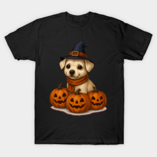 Cute Halloween Dog with Pumpkins Witch Hat Spooky Art T-Shirt