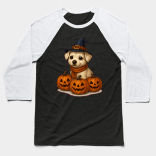 Cute Halloween Dog with Pumpkins Witch Hat Spooky Art Baseball T-Shirt