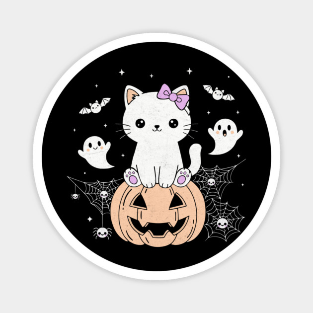 Kawaii Halloween Kitty – Pumpkin Perch & Ghostly Pals Magnet by Designed By Marty