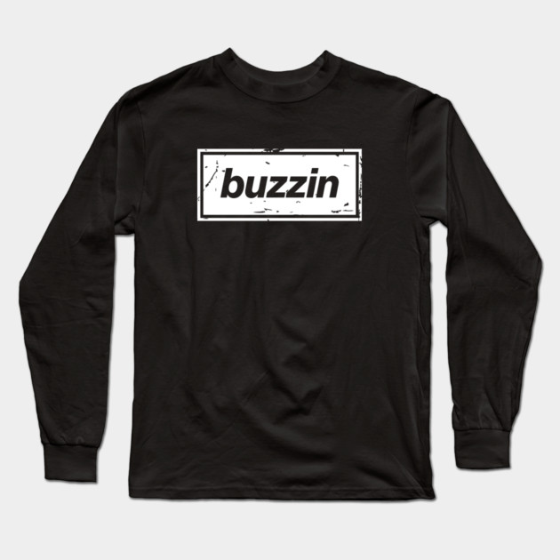 Buzzin – Manchester Manc Slang Oasis Style Britpop White Long Sleeve T-Shirt by Butter Creative