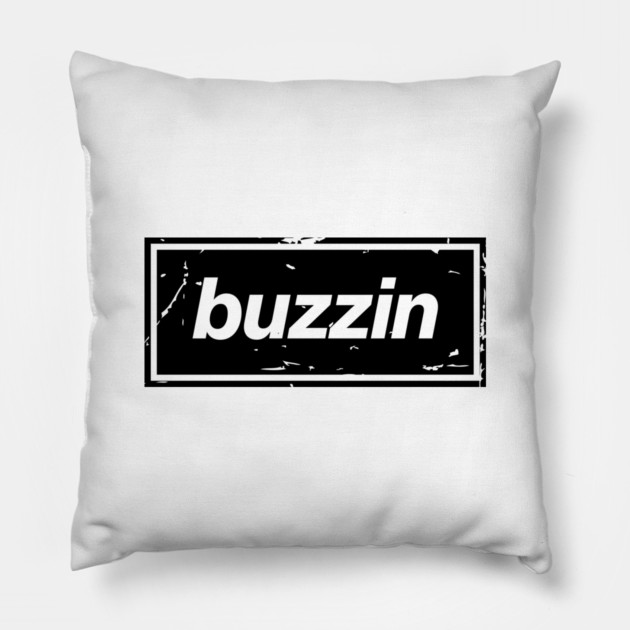 Buzzin – Manchester Manc Slang Oasis Style Britpop Black Pillow by Butter Creative