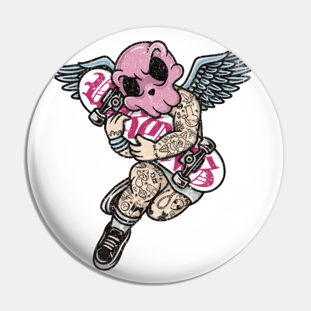 Tattooed Skateboard Cherub Pin by Wrongteeshirt