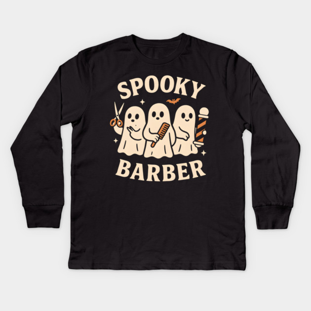 Spooky Barber Ghosts Halloween Design | Funny Haircut Graphic Kids Long Sleeve T-Shirt by MakerMind8.2