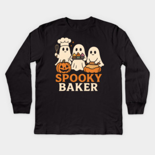 Spooky Baker Ghosts Halloween Graphic | Retro Baking Artwork Kids Long Sleeve T-Shirt