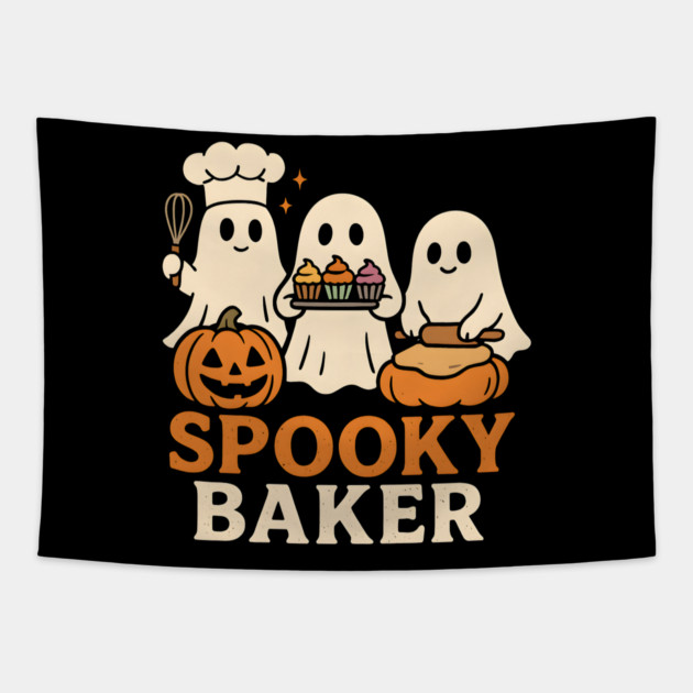 Spooky Baker Ghosts Halloween Graphic | Retro Baking Artwork Tapestry by MakerMind8.2
