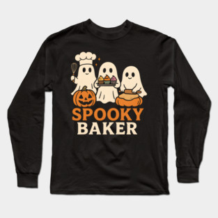 Spooky Baker Ghosts Halloween Graphic | Retro Baking Artwork Long Sleeve T-Shirt