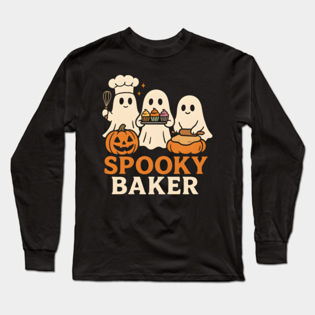 Spooky Baker Ghosts Halloween Graphic | Retro Baking Artwork Long Sleeve T-Shirt by MakerMind8.2