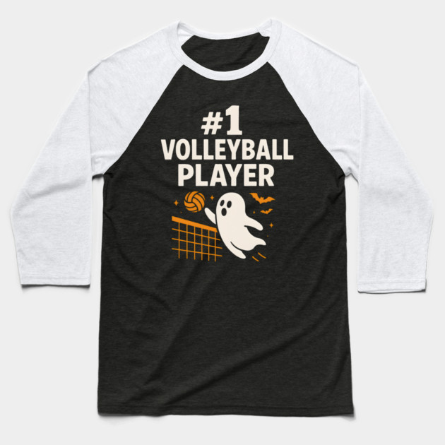 #1 Volleyball Player Ghost Halloween Graphic | Spooky Sports Artwork Baseball T-Shirt by MakerMind8.2