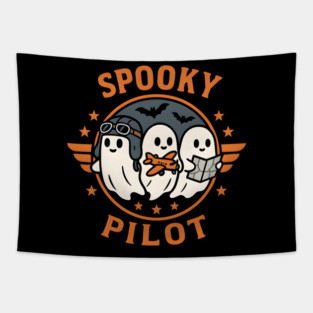Spooky Pilot Ghosts Halloween Graphic | Retro Flying Artwork Tapestry