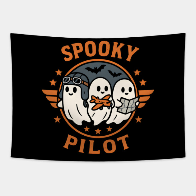 Spooky Pilot Ghosts Halloween Graphic | Retro Flying Artwork Tapestry by MakerMind8.2