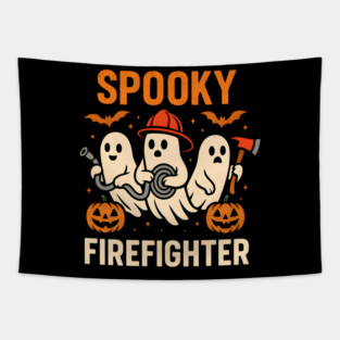 Spooky Firefighter Ghosts Halloween Graphic | Fun Fireman Artwork Tapestry