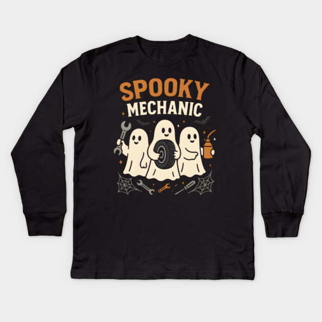 Spooky Mechanic Ghost Halloween Garage Graphic Gift Kids Long Sleeve T-Shirt by MakerMind8.2