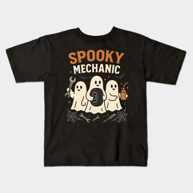 Spooky Mechanic Ghost Halloween Garage Graphic Gift Kids T-Shirt by MakerMind8.2