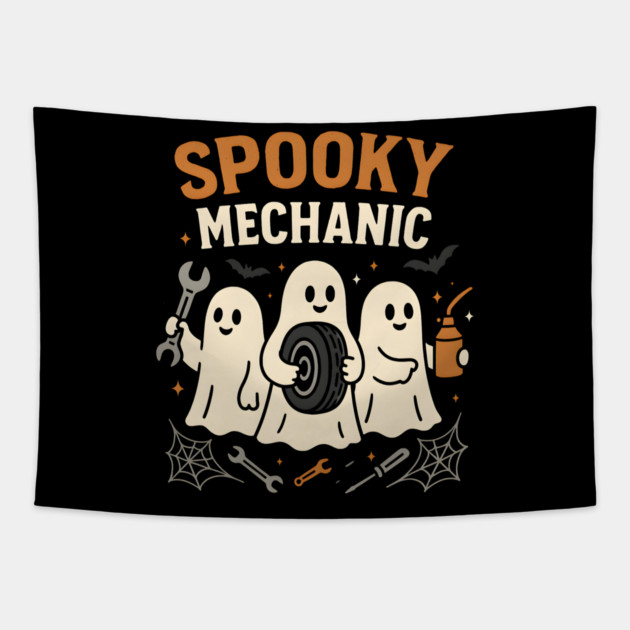 Spooky Mechanic Ghost Halloween Garage Graphic Gift Tapestry by MakerMind8.2