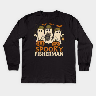 Spooky Fisherman Ghost Halloween Fishing Graphic Gift Kids Long Sleeve T-Shirt