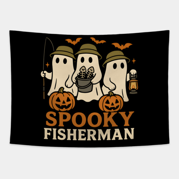 Spooky Fisherman Ghost Halloween Fishing Graphic Gift Tapestry by MakerMind8.2