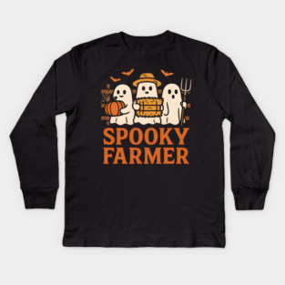 Spooky Farmer Ghost Halloween Pumpkin Graphic Gift Kids Long Sleeve T-Shirt