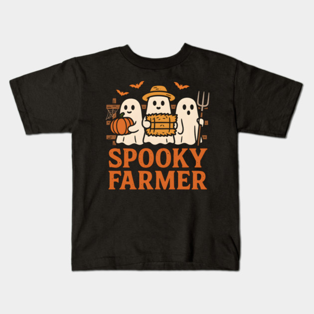 Spooky Farmer Ghost Halloween Pumpkin Graphic Gift Kids T-Shirt by MakerMind8.2