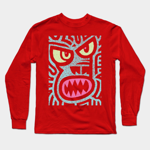 Angry Tiki Monster | Primal Grunge Graphic Long Sleeve T-Shirt by TuncGK