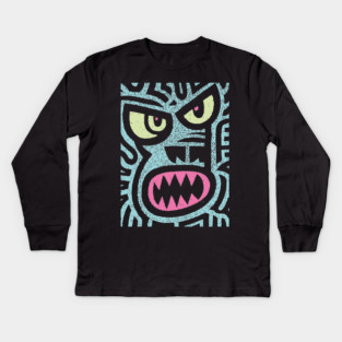 Angry Tiki Monster | Primal Grunge Graphic Kids Long Sleeve T-Shirt