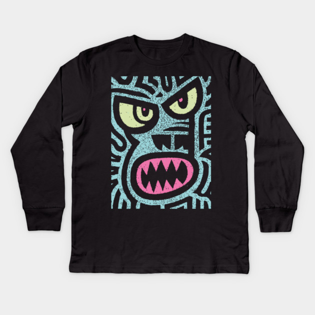 Angry Tiki Monster | Primal Grunge Graphic Kids Long Sleeve T-Shirt by TuncGK