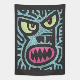 Angry Tiki Monster | Primal Grunge Graphic Tapestry