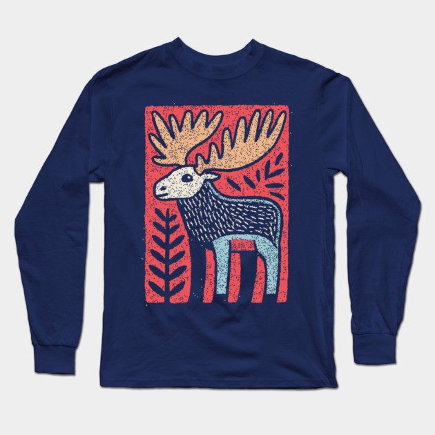 Scandinavian Folk Art Elk | Nordic Woodland Moose Long Sleeve T-Shirt by TuncGK