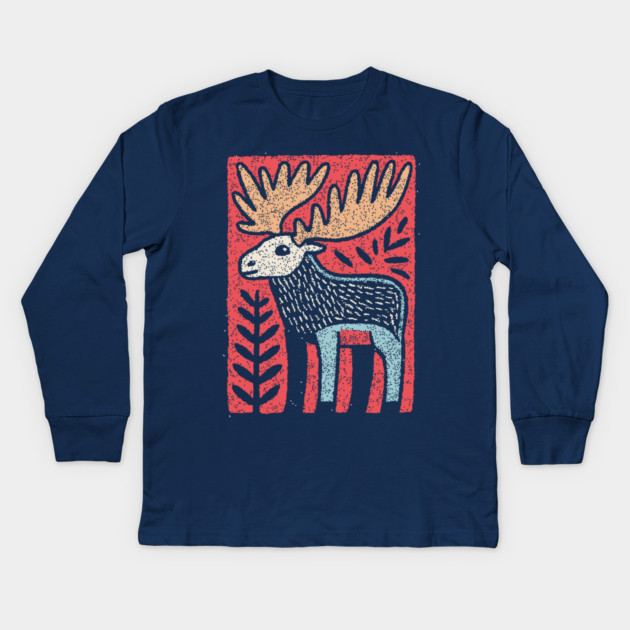 Scandinavian Folk Art Elk | Nordic Woodland Moose Kids Long Sleeve T-Shirt by TuncGK