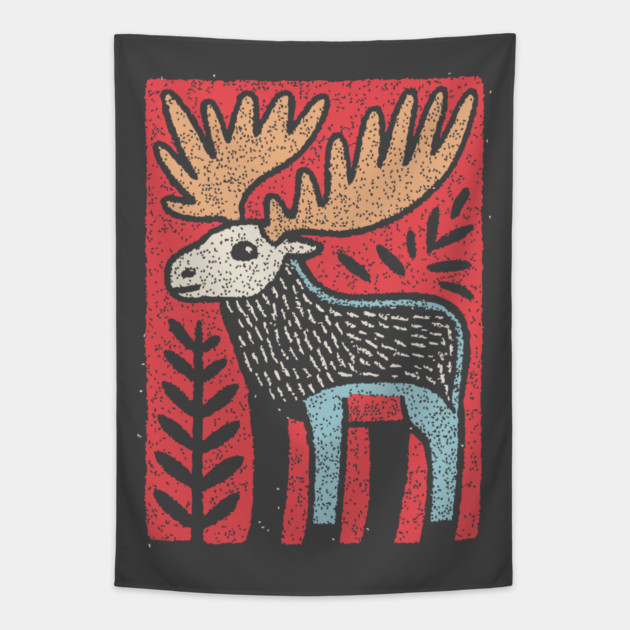 Scandinavian Folk Art Elk | Nordic Woodland Moose Tapestry by TuncGK
