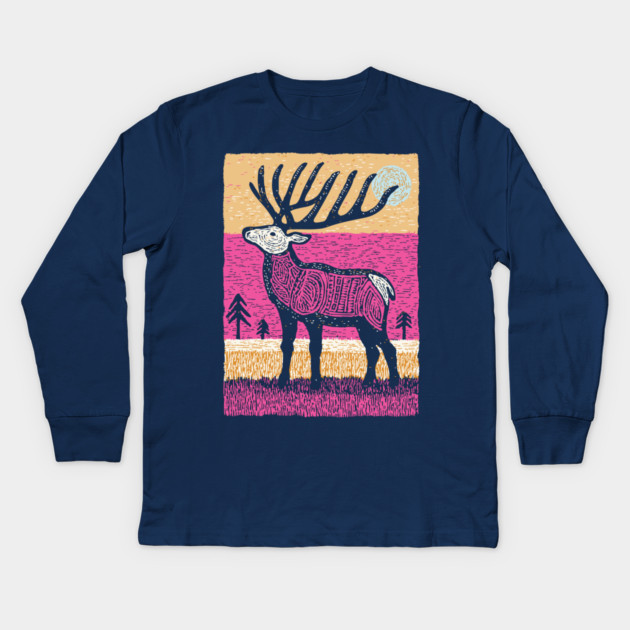 Psychedelic Elk Silhouette | Vibrant Pink Moose Kids Long Sleeve T-Shirt by TuncGK