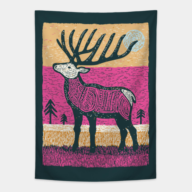 Psychedelic Elk Silhouette | Vibrant Pink Moose Tapestry by TuncGK