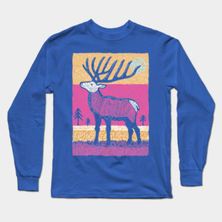 Psychedelic Elk Silhouette | Vibrant Pink Moose Long Sleeve T-Shirt