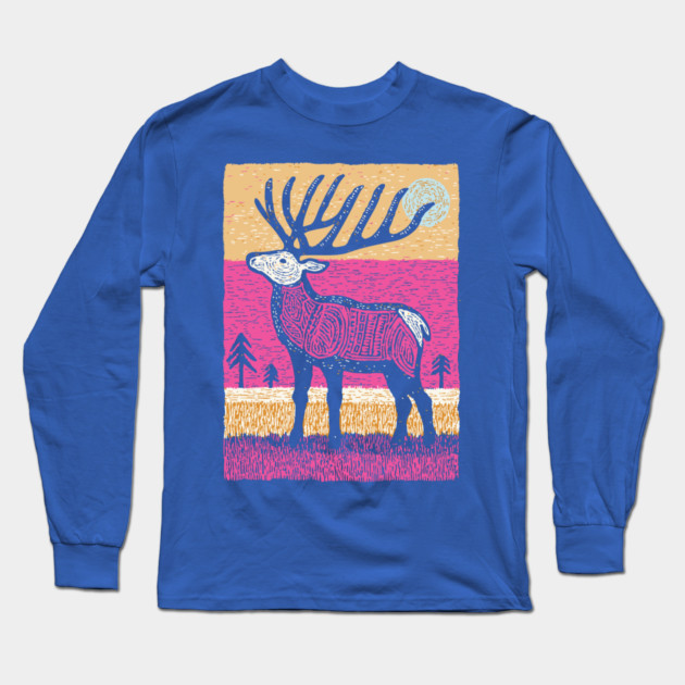 Psychedelic Elk Silhouette | Vibrant Pink Moose Long Sleeve T-Shirt by TuncGK
