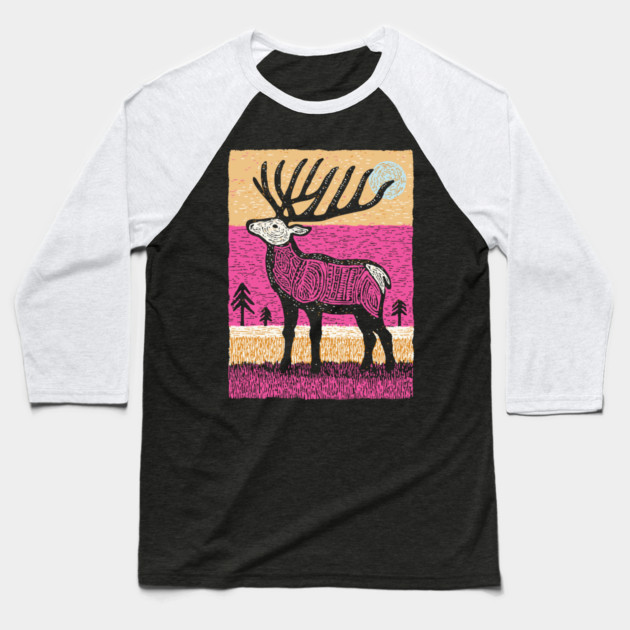 Psychedelic Elk Silhouette | Vibrant Pink Moose Baseball T-Shirt by TuncGK