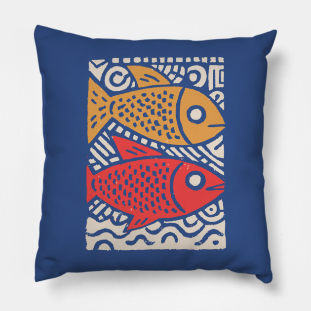 Pisces Zodiac Fish | Two Koi Folk Art Pillow by TuncGK