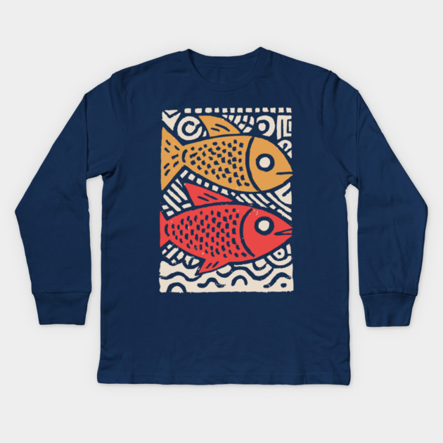 Pisces Zodiac Fish | Two Koi Folk Art Kids Long Sleeve T-Shirt by TuncGK