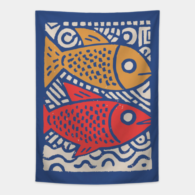 Pisces Zodiac Fish | Two Koi Folk Art Tapestry by TuncGK