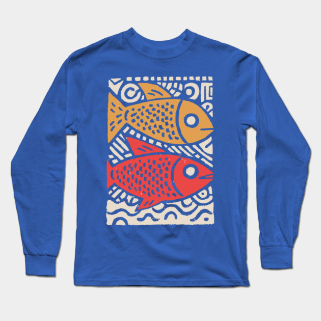 Pisces Zodiac Fish | Two Koi Folk Art Long Sleeve T-Shirt by TuncGK