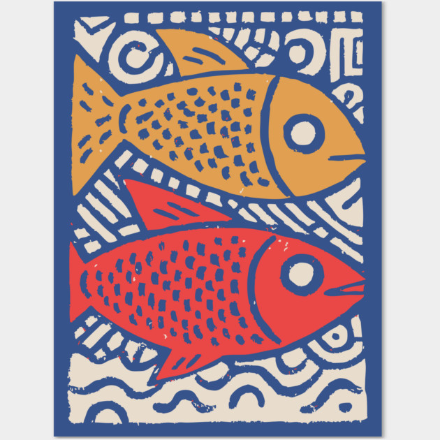 Pisces Zodiac Fish | Two Koi Folk Art Wall Art by TuncGK