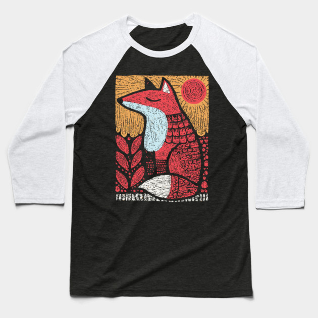 Whimsical Fox | Slavic Folk Art Woodland Creature Baseball T-Shirt by TuncGK