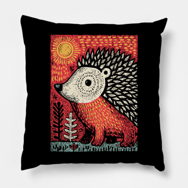 Folk Art Hedgehog | Red Woodland Storybook Pillow by TuncGK