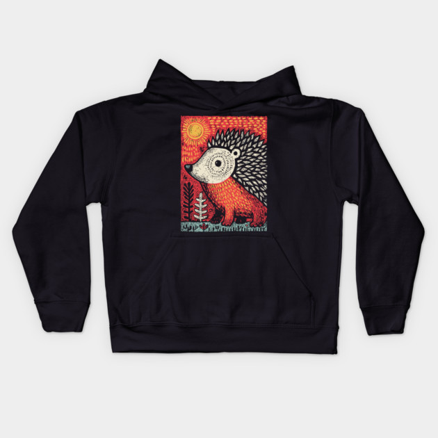 Folk Art Hedgehog | Red Woodland Storybook Kids Hoodie by TuncGK